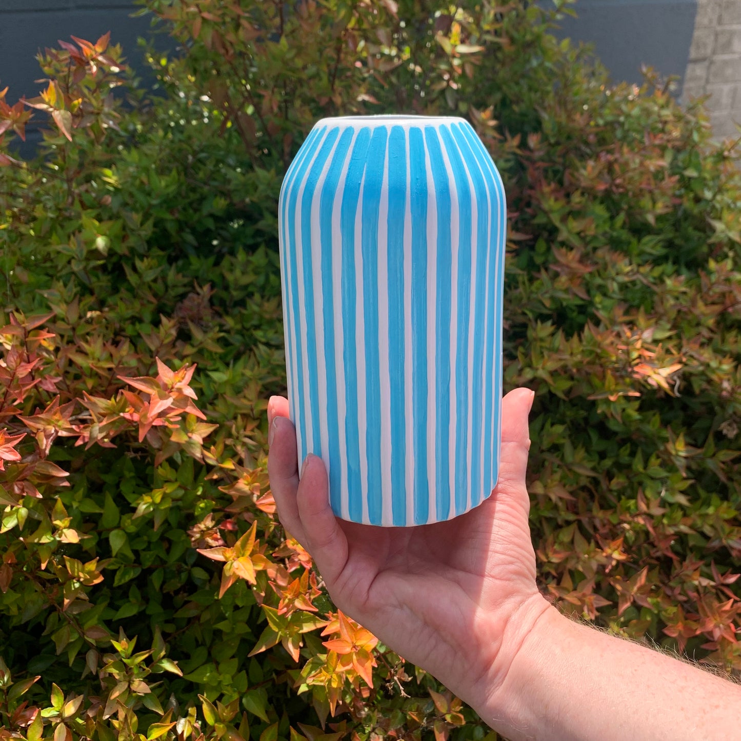 Blue and White Stripes Hand Painted Ceramic Vase