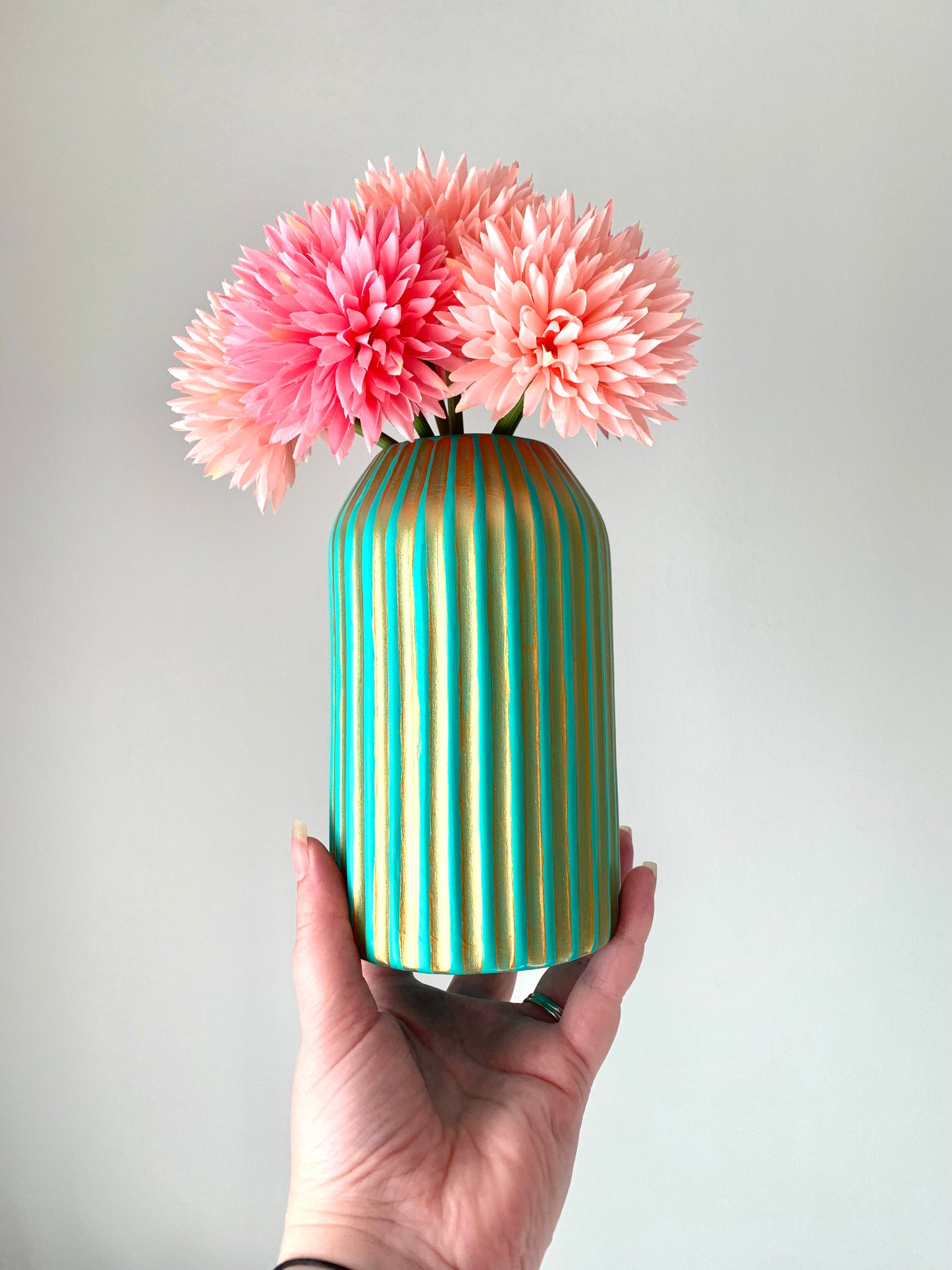 Turquoise And Gold Egyptian Inspired Hand Painted Striped Ceramic Vase