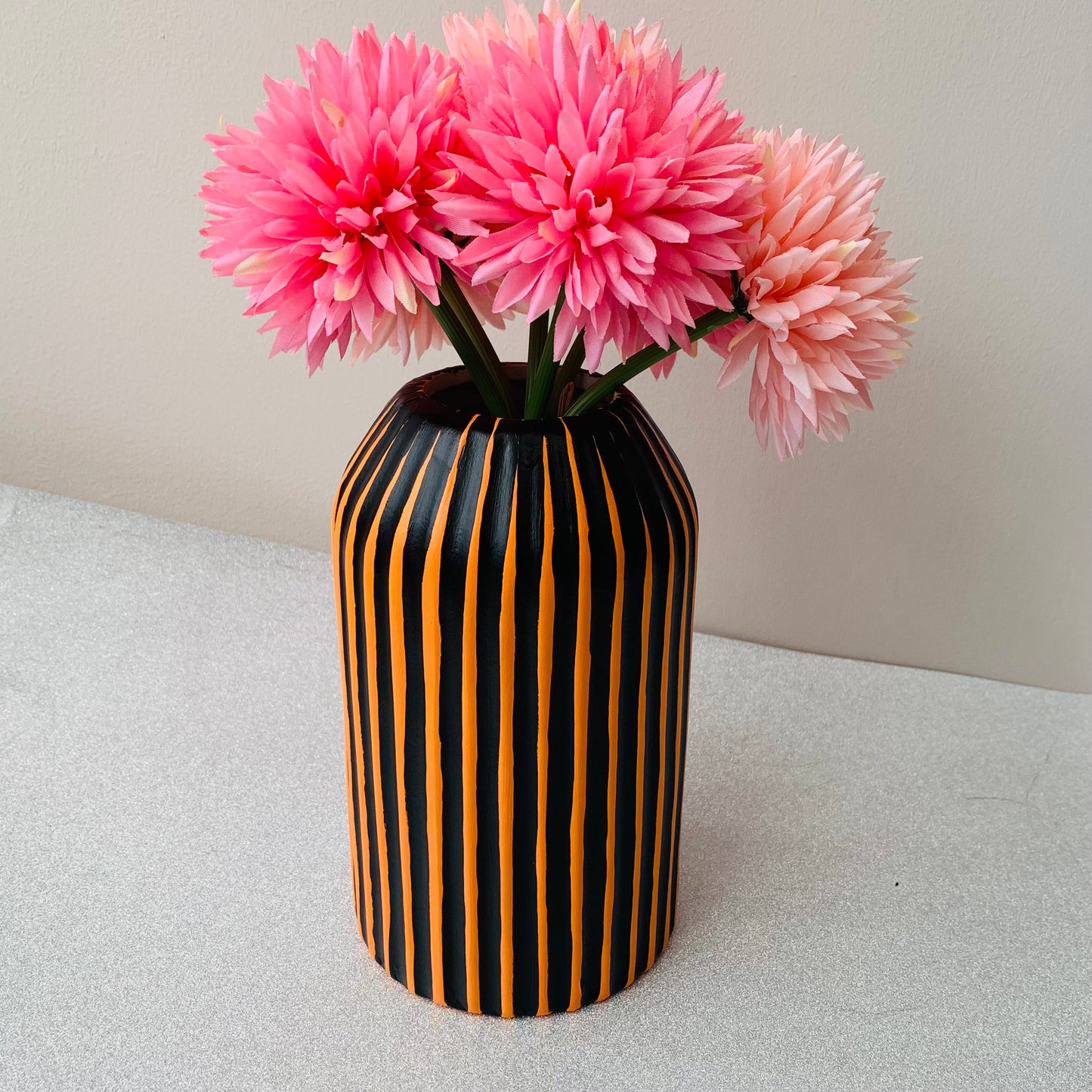 Halloween Themed Black And Orange Striped Hand Painted Decorative Ceramic Vase