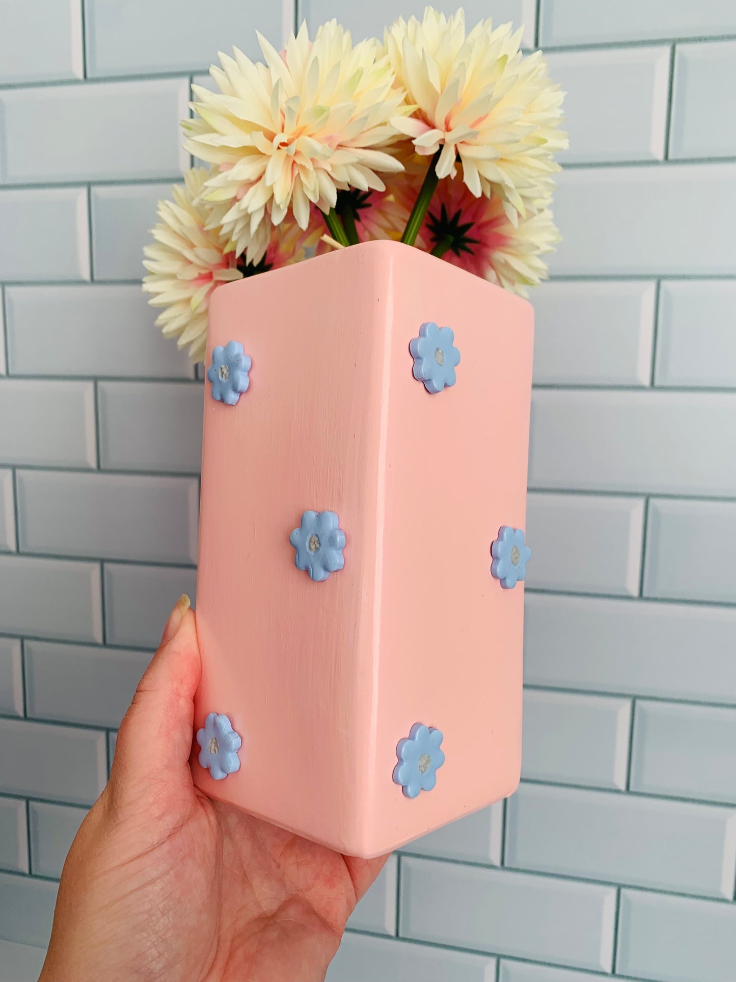 Blush Pink & Serenity Blue Clay Flowers Hand Painted Vase