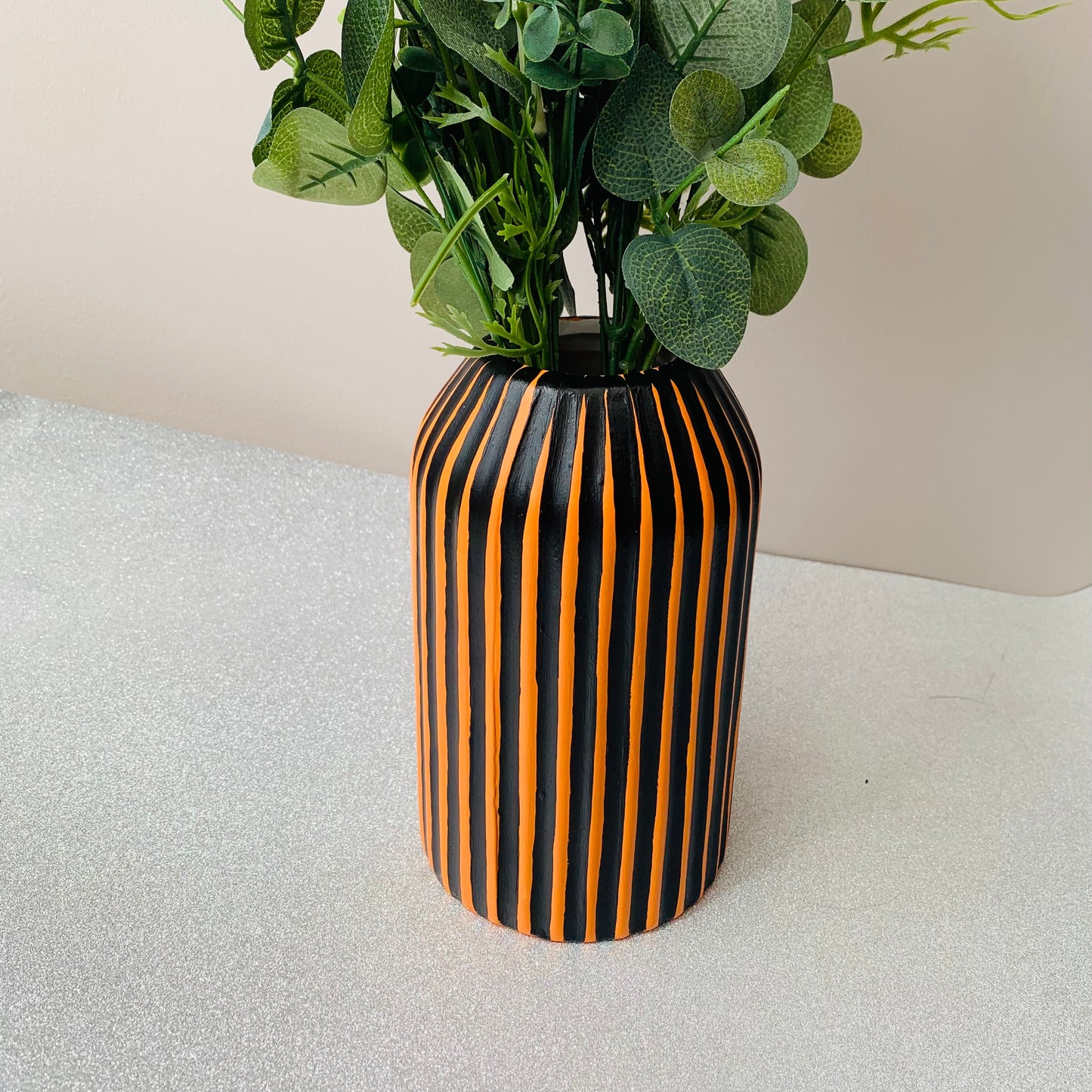 Halloween Themed Black And Orange Striped Hand Painted Decorative Ceramic Vase