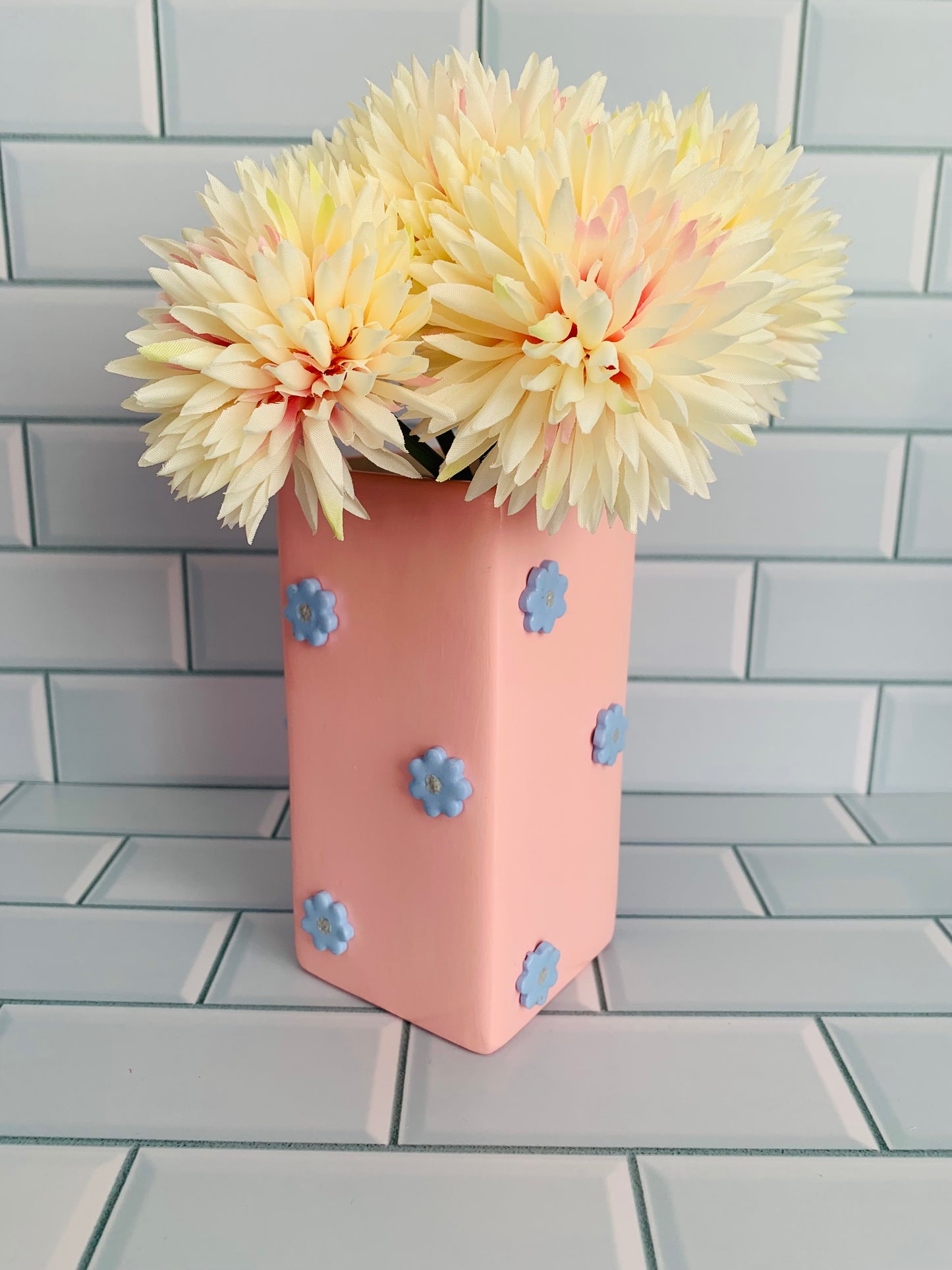 Blush Pink & Serenity Blue Clay Flowers Hand Painted Vase