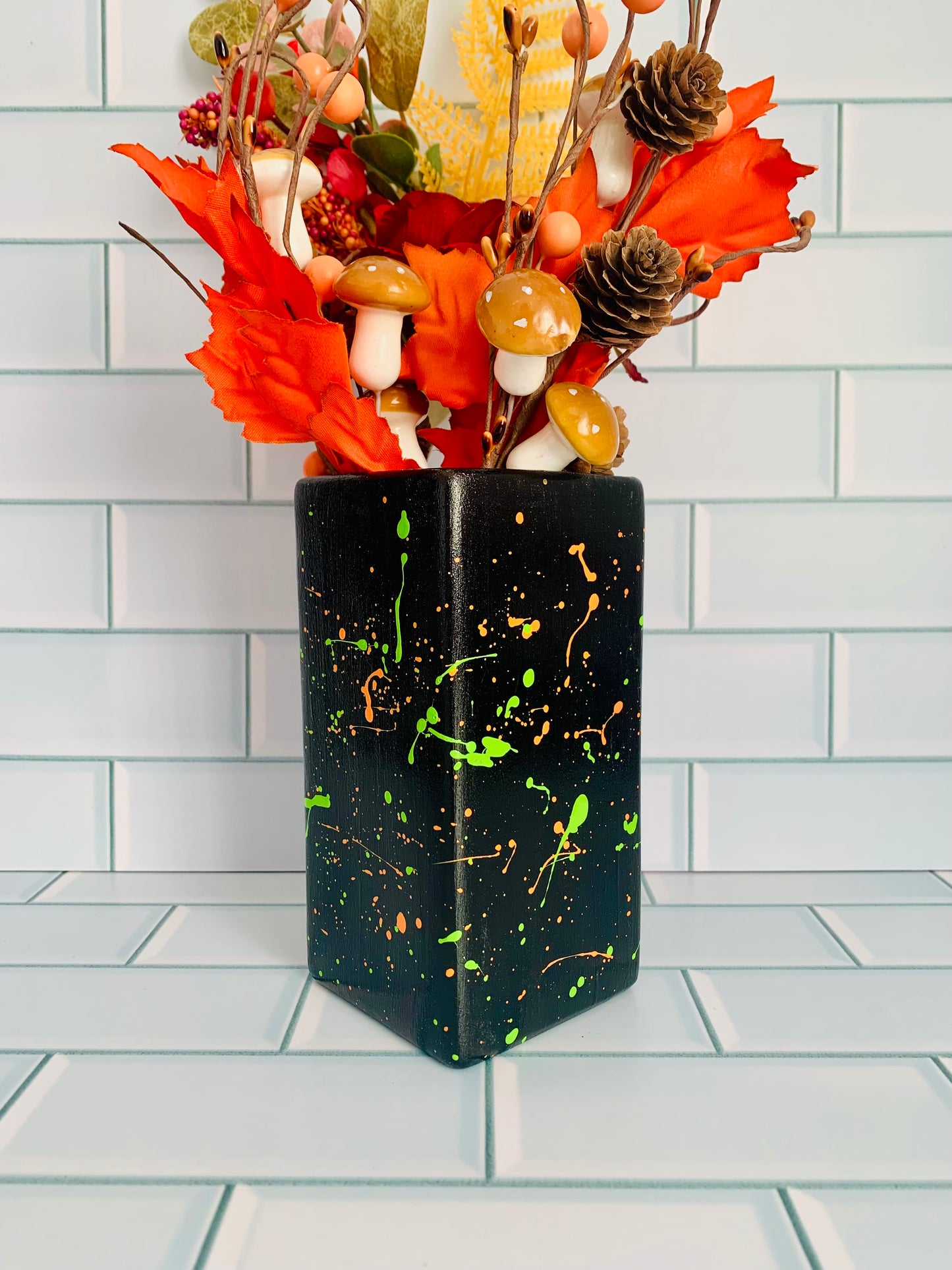 Black Orange And Green Paint Splatter Vase