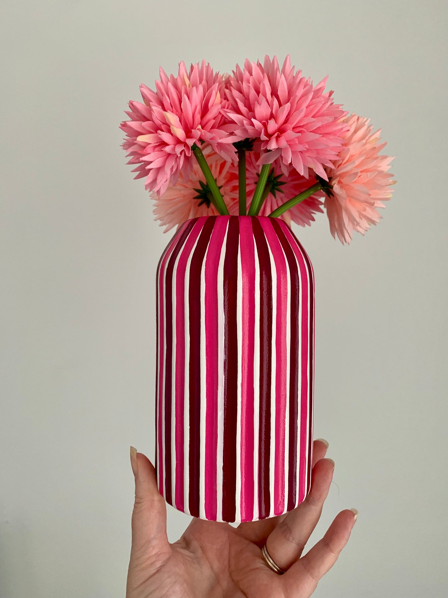 Plum And Pink Hand Painted Ceramic Striped Vase