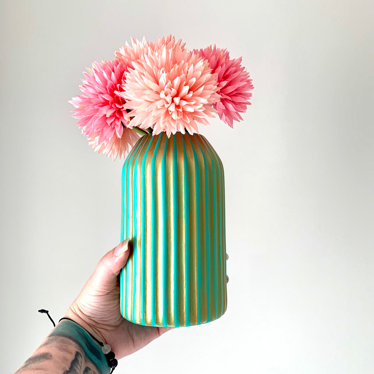 Turquoise And Gold Egyptian Inspired Hand Painted Striped Ceramic Vase