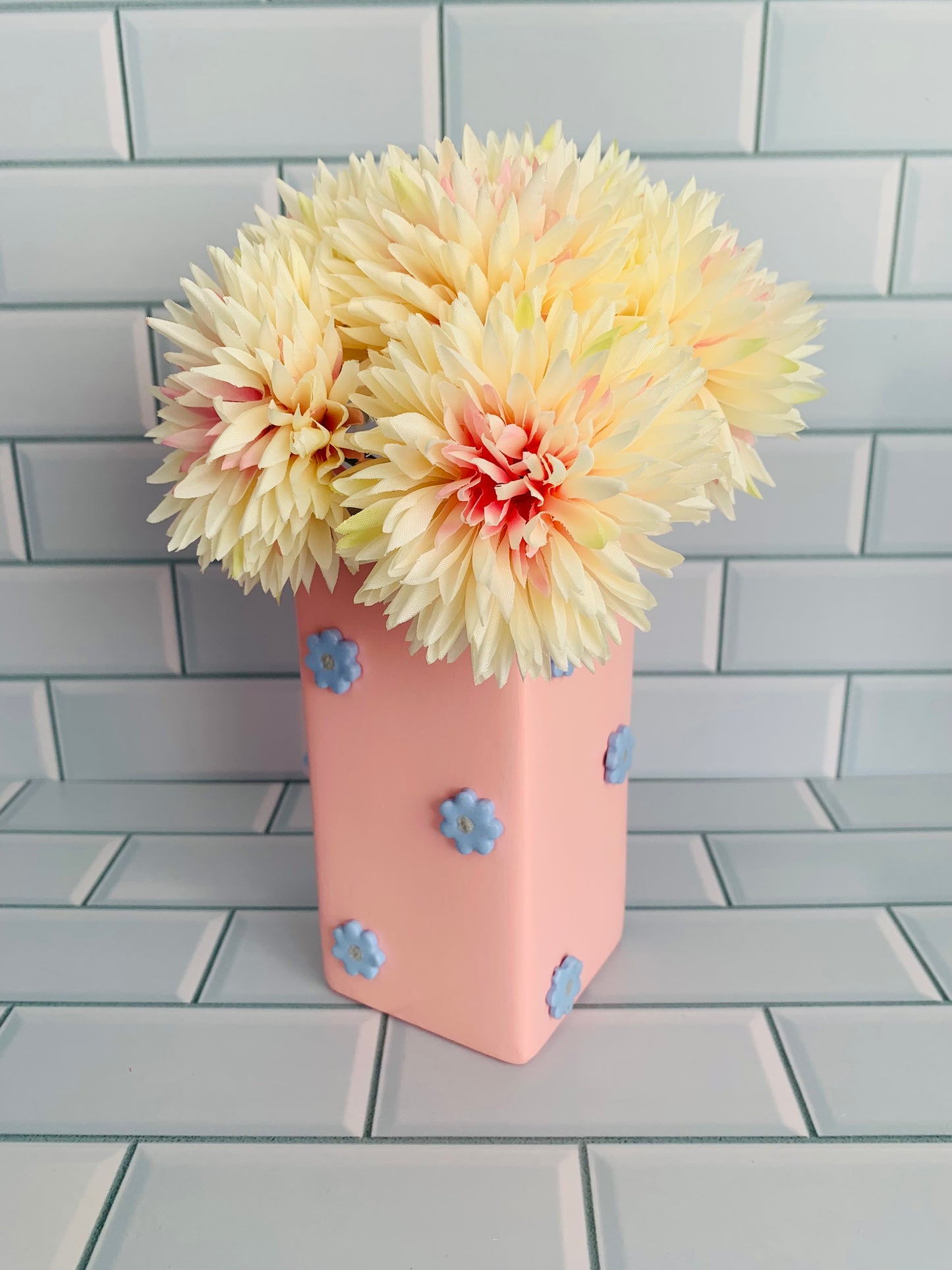 Blush Pink & Serenity Blue Clay Flowers Hand Painted Vase
