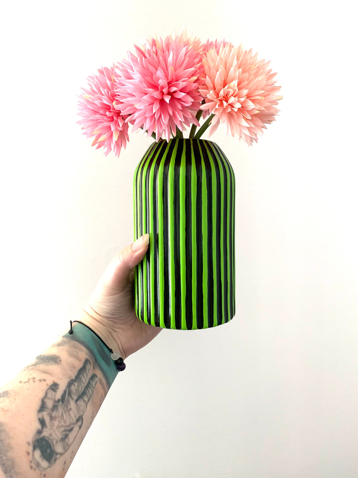 Green And Black Striped Hand Painted Ceramic Vase