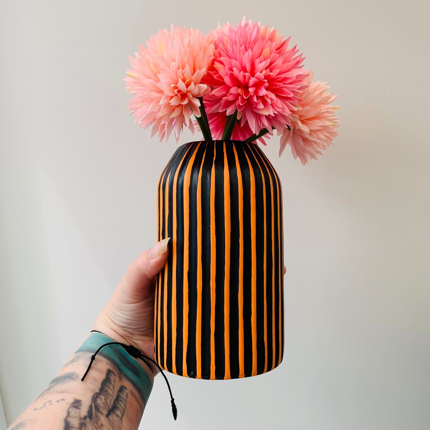 Halloween Themed Black And Orange Striped Hand Painted Decorative Ceramic Vase