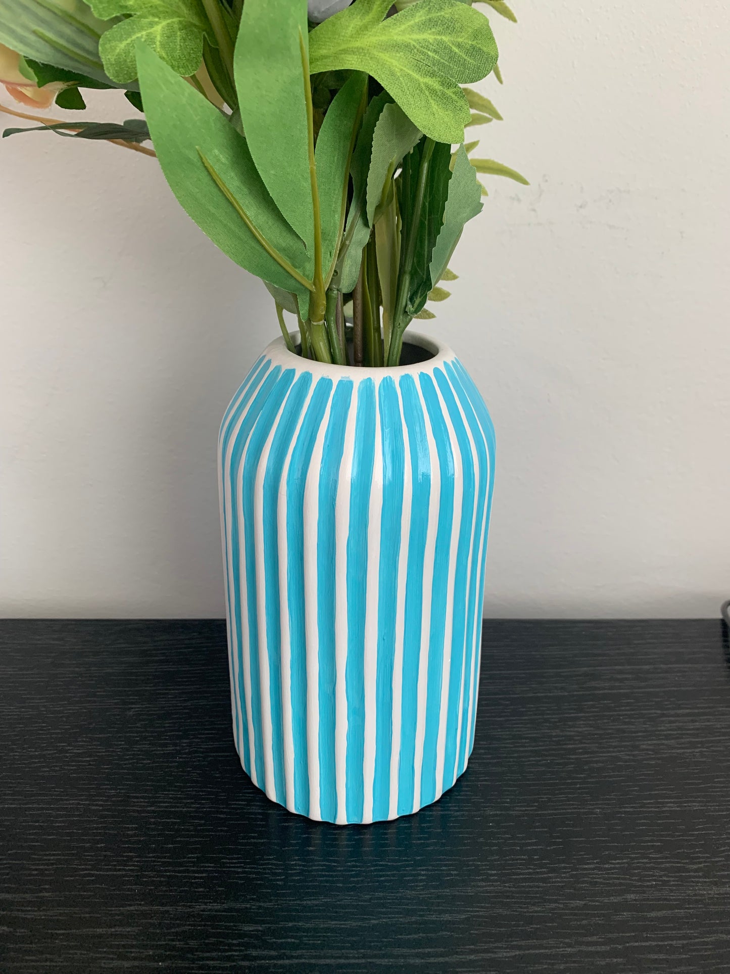 Blue and White Stripes Hand Painted Ceramic Vase