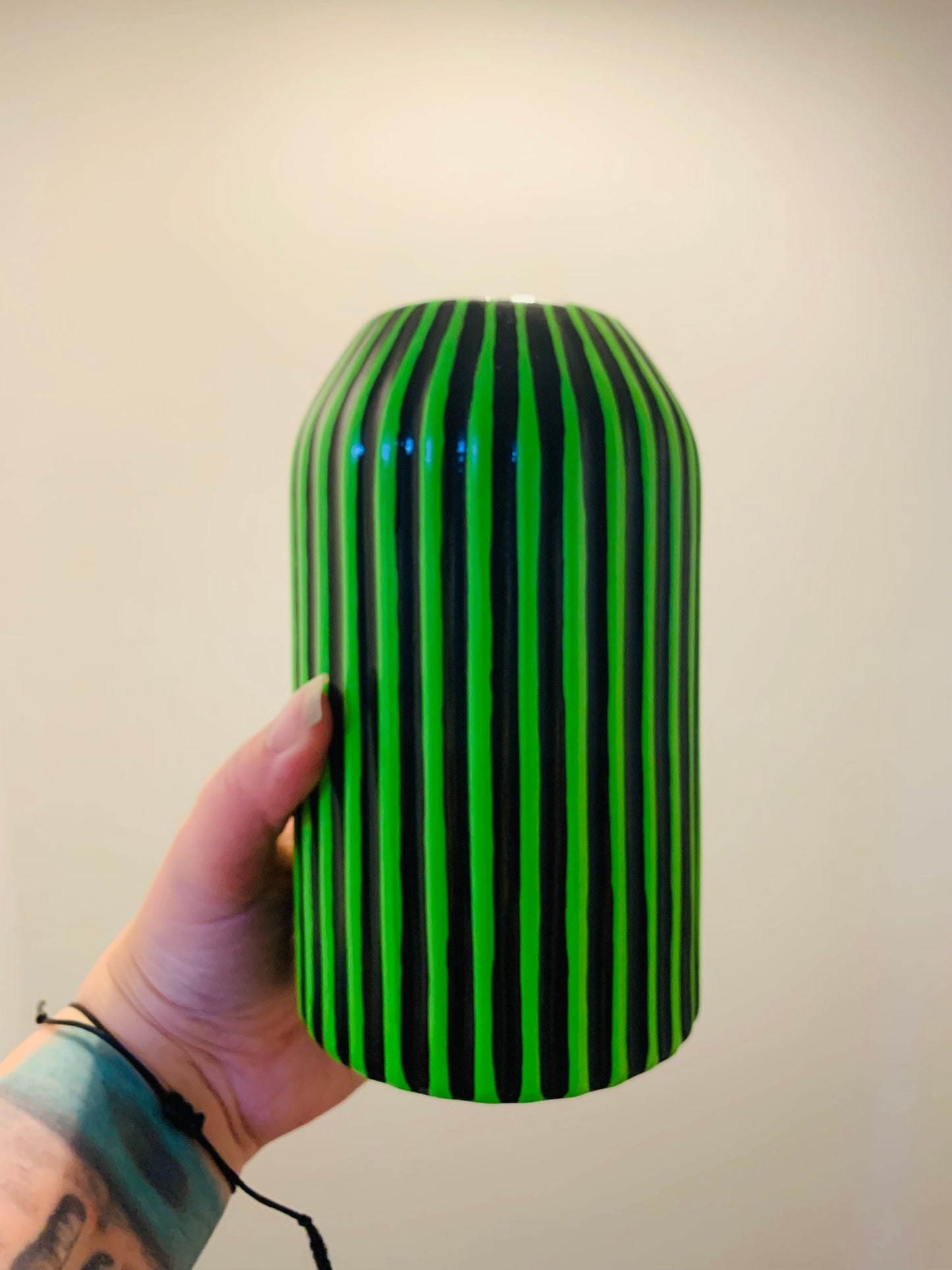 Green And Black Striped Hand Painted Ceramic Vase
