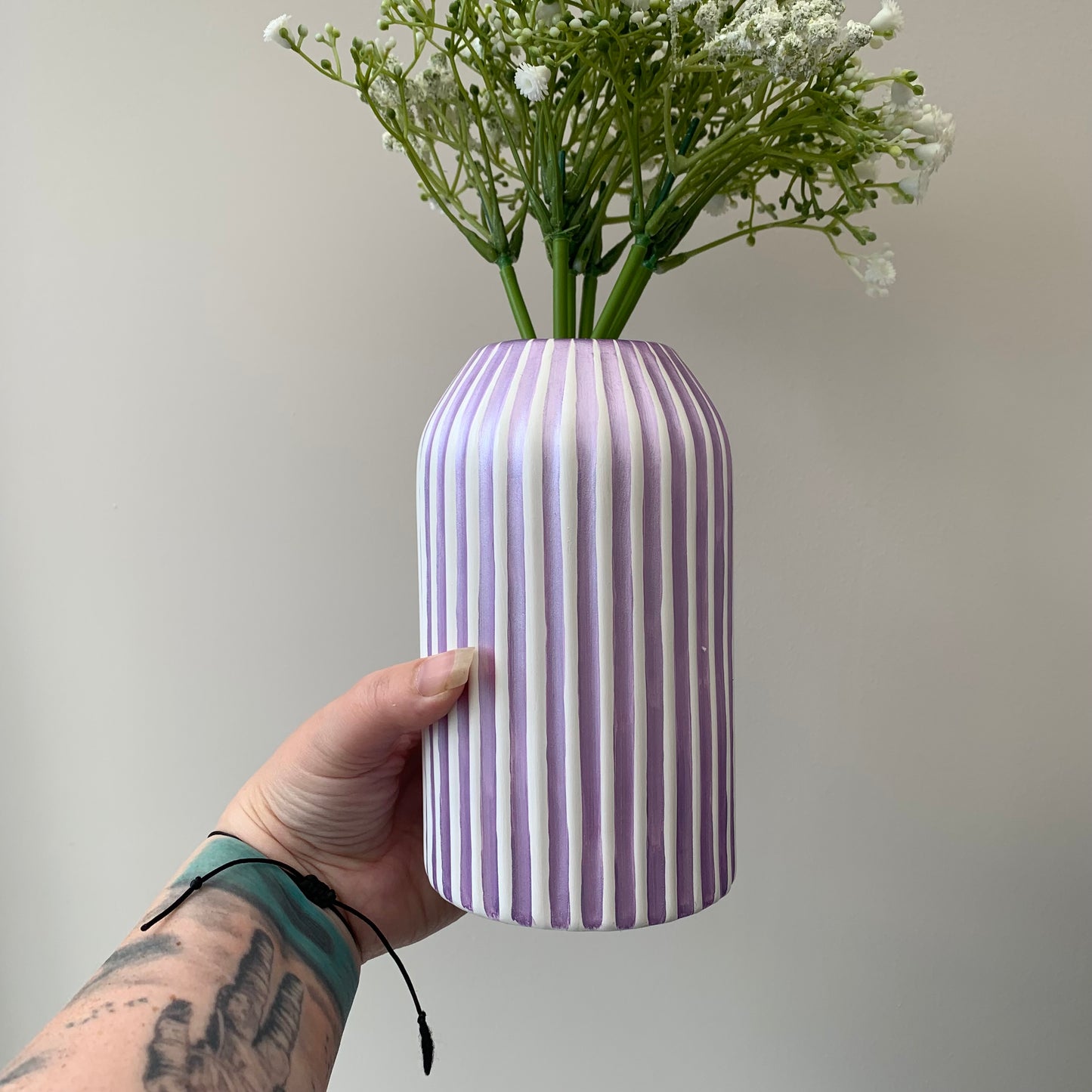 Purple And White Striped Ceramic Vase Hand Painted Pearlescent Shiny Decor Gift