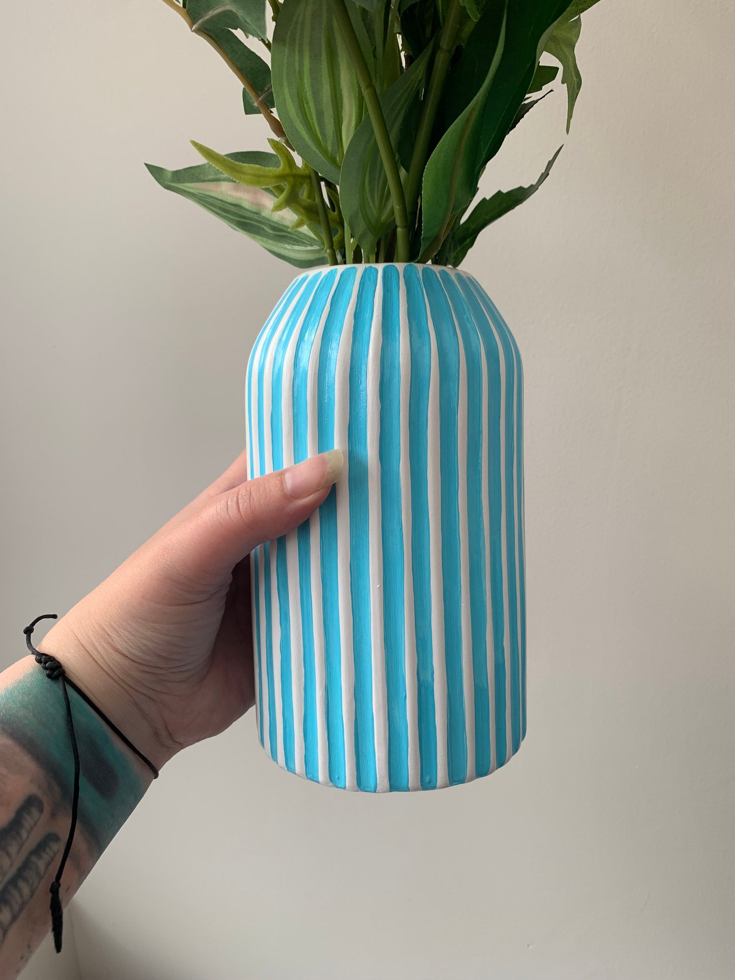 Blue and White Stripes Hand Painted Ceramic Vase