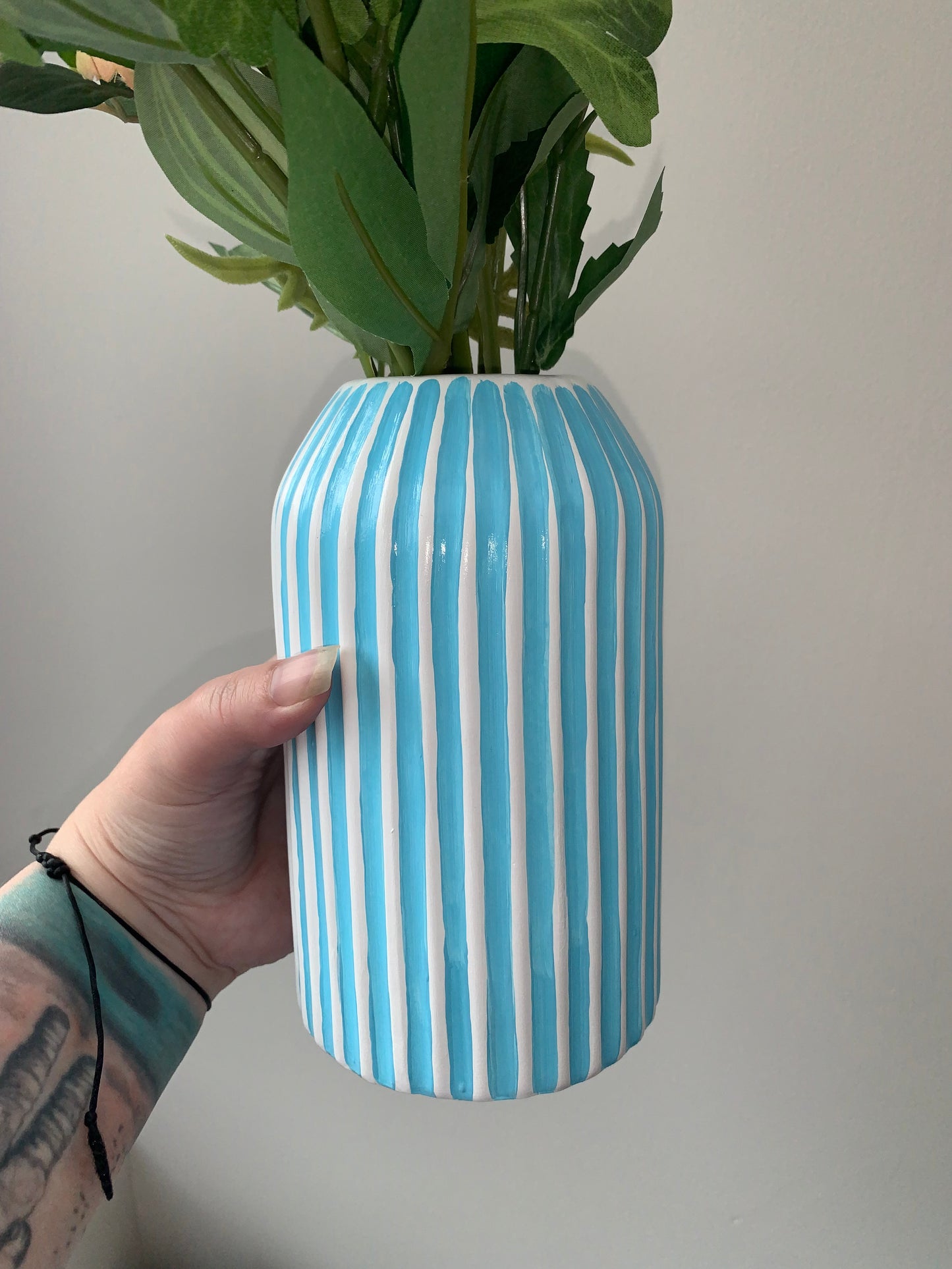 Blue and White Stripes Hand Painted Ceramic Vase