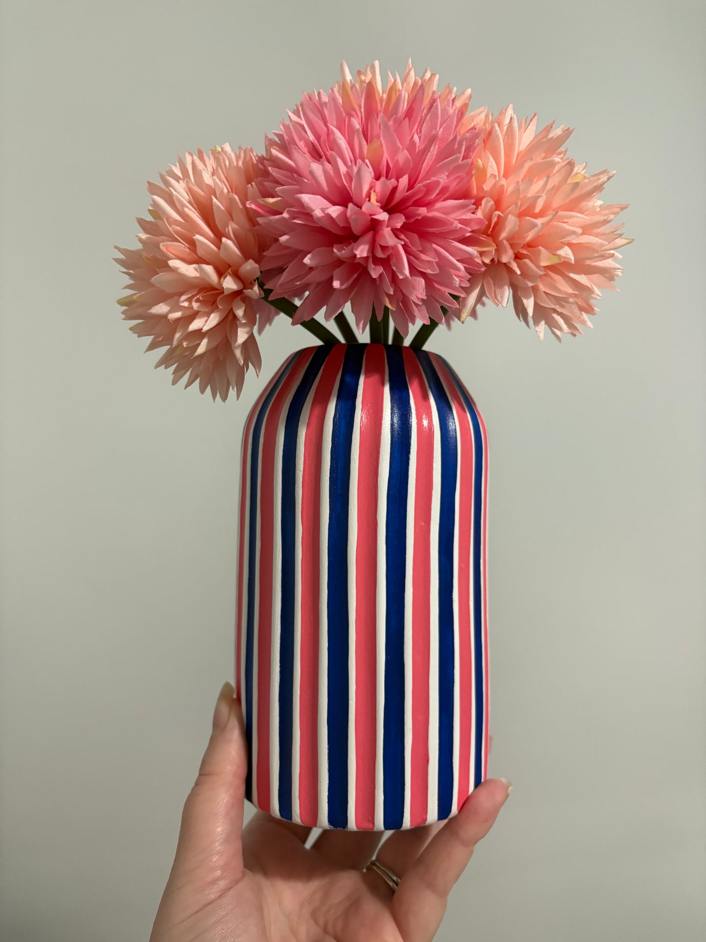 Coral And Navy Blue Striped Hand Painted Ceramic Vase