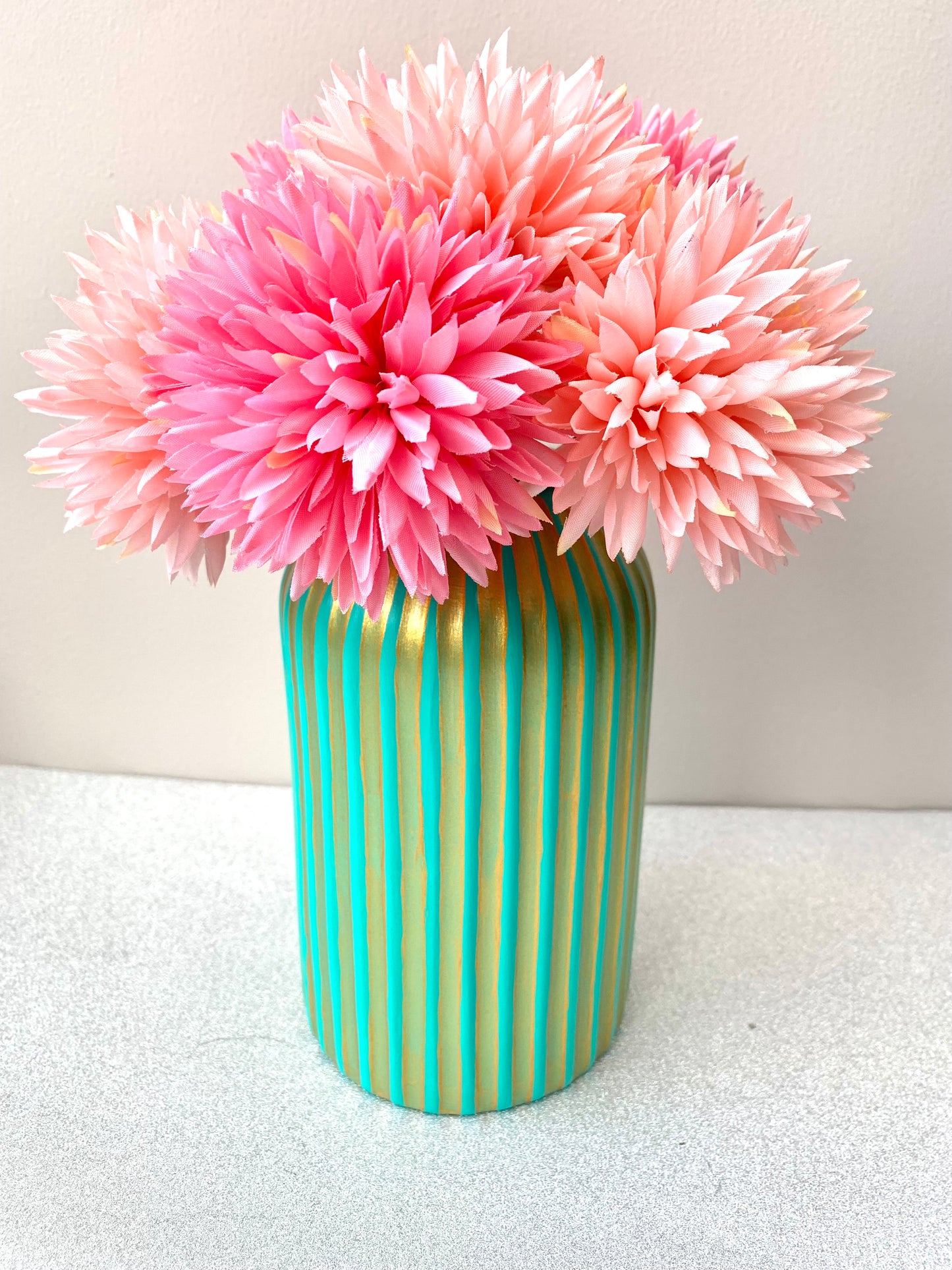 Turquoise And Gold Egyptian Inspired Hand Painted Striped Ceramic Vase