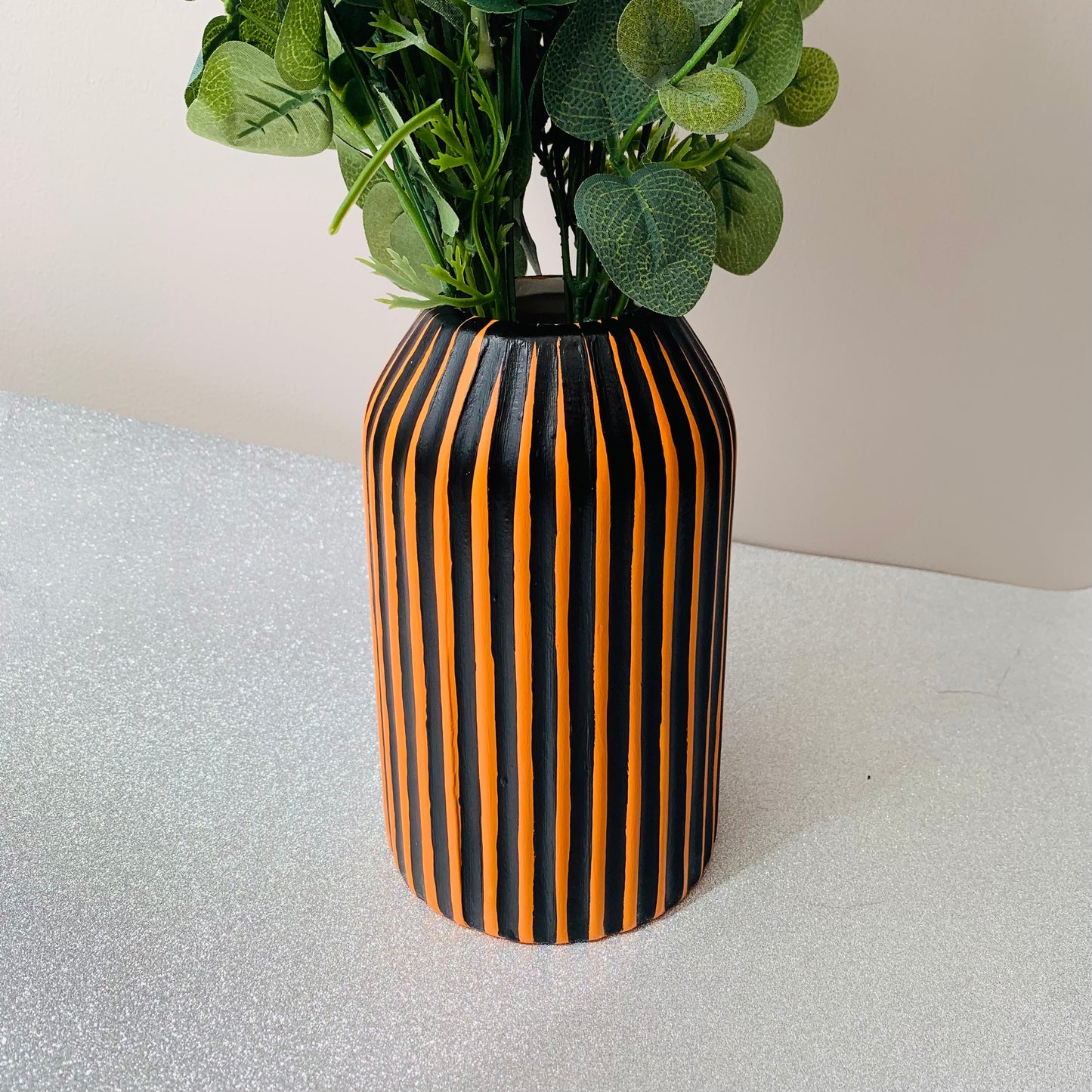 Halloween Themed Black And Orange Striped Hand Painted Decorative Ceramic Vase