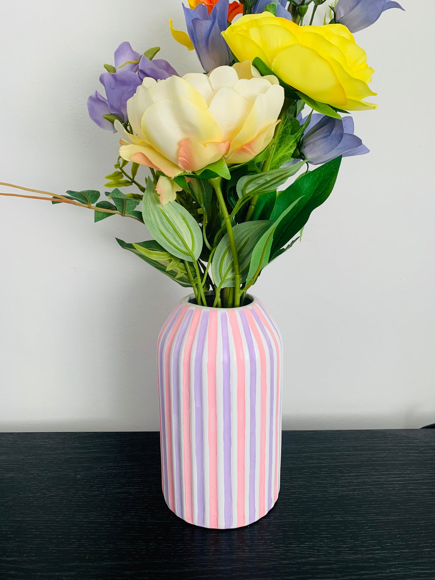 Handpainted Lilac And Pink Striped Ceramic Vase