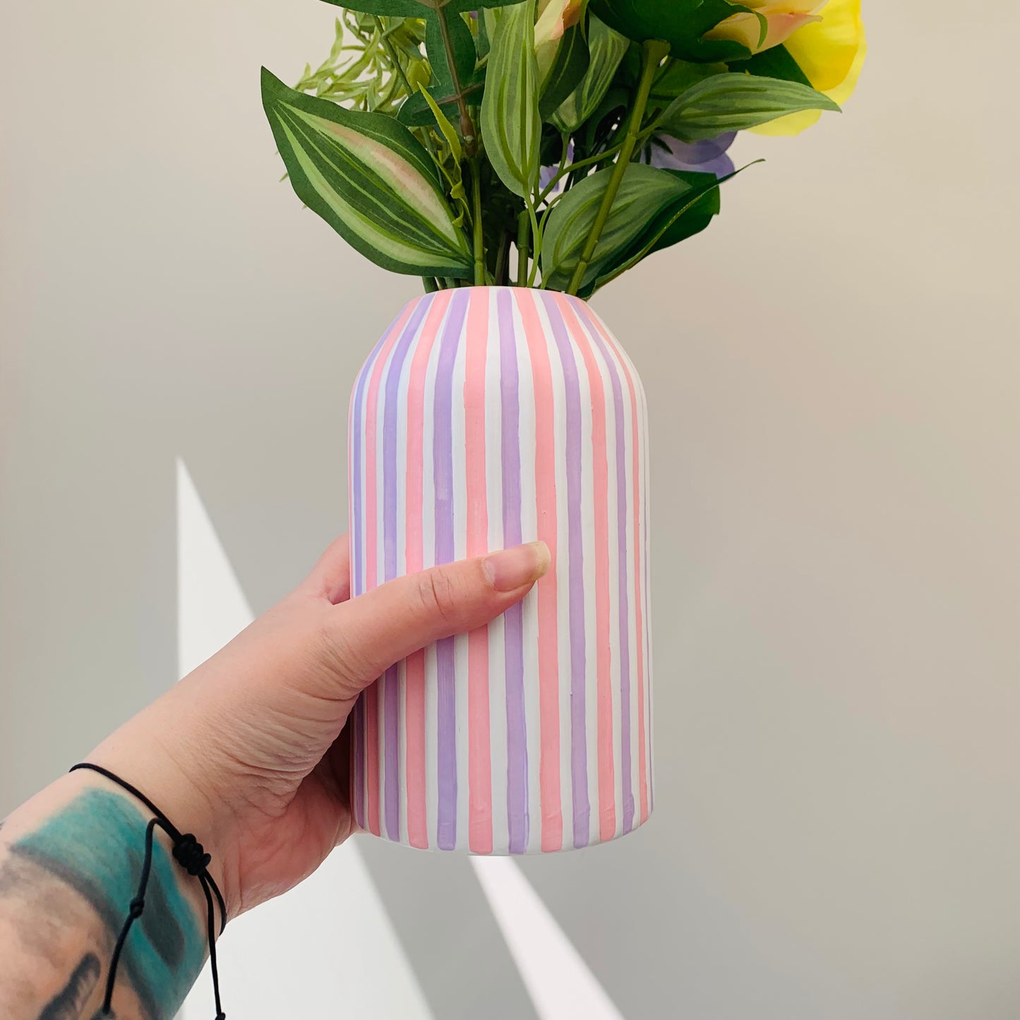 Handpainted Lilac And Pink Striped Ceramic Vase