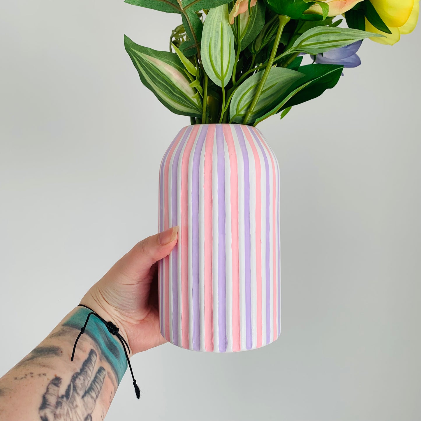 Handpainted Lilac And Pink Striped Ceramic Vase