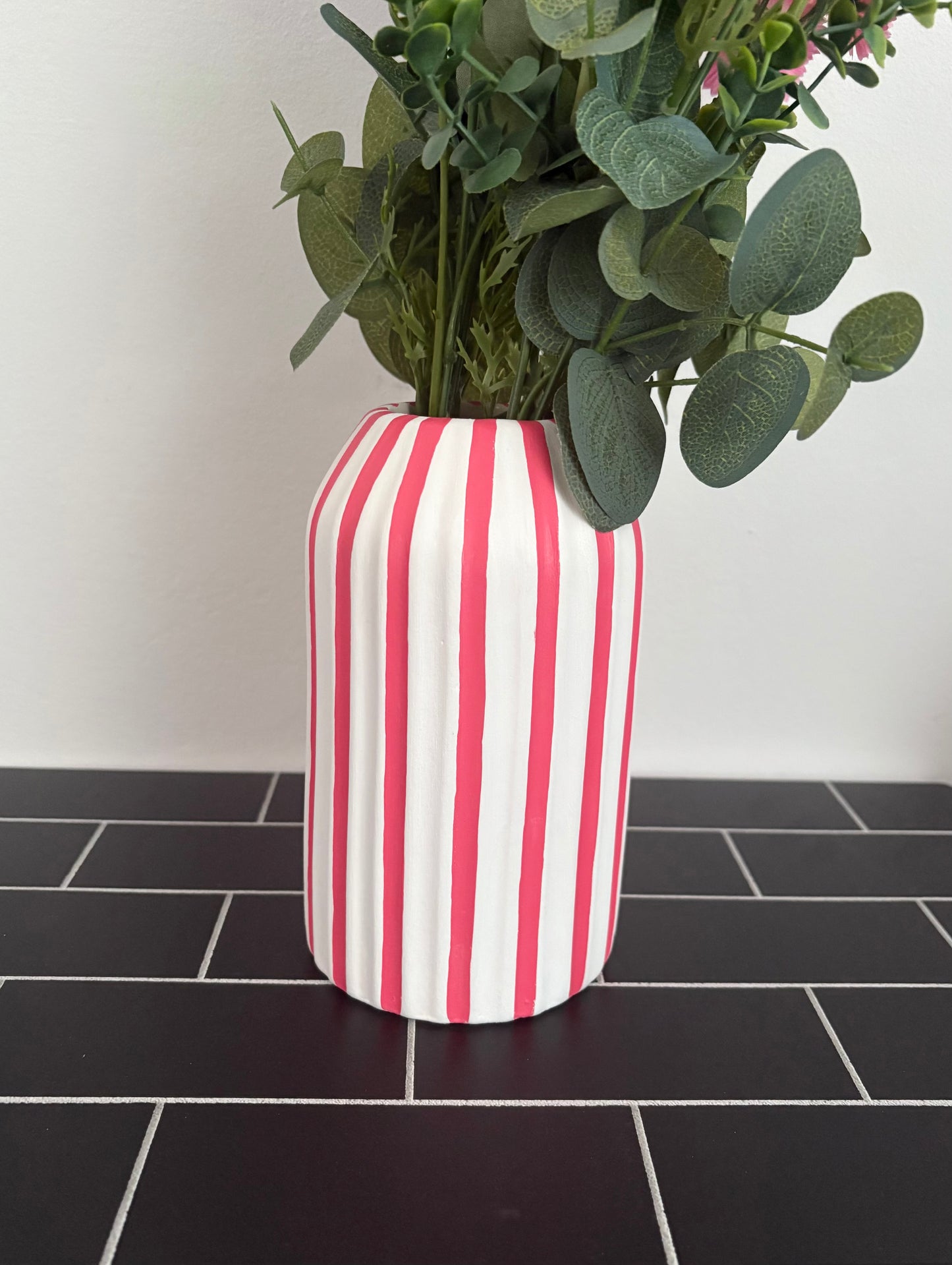 Coral Pink Hand Painted Striped Ceramic Vase