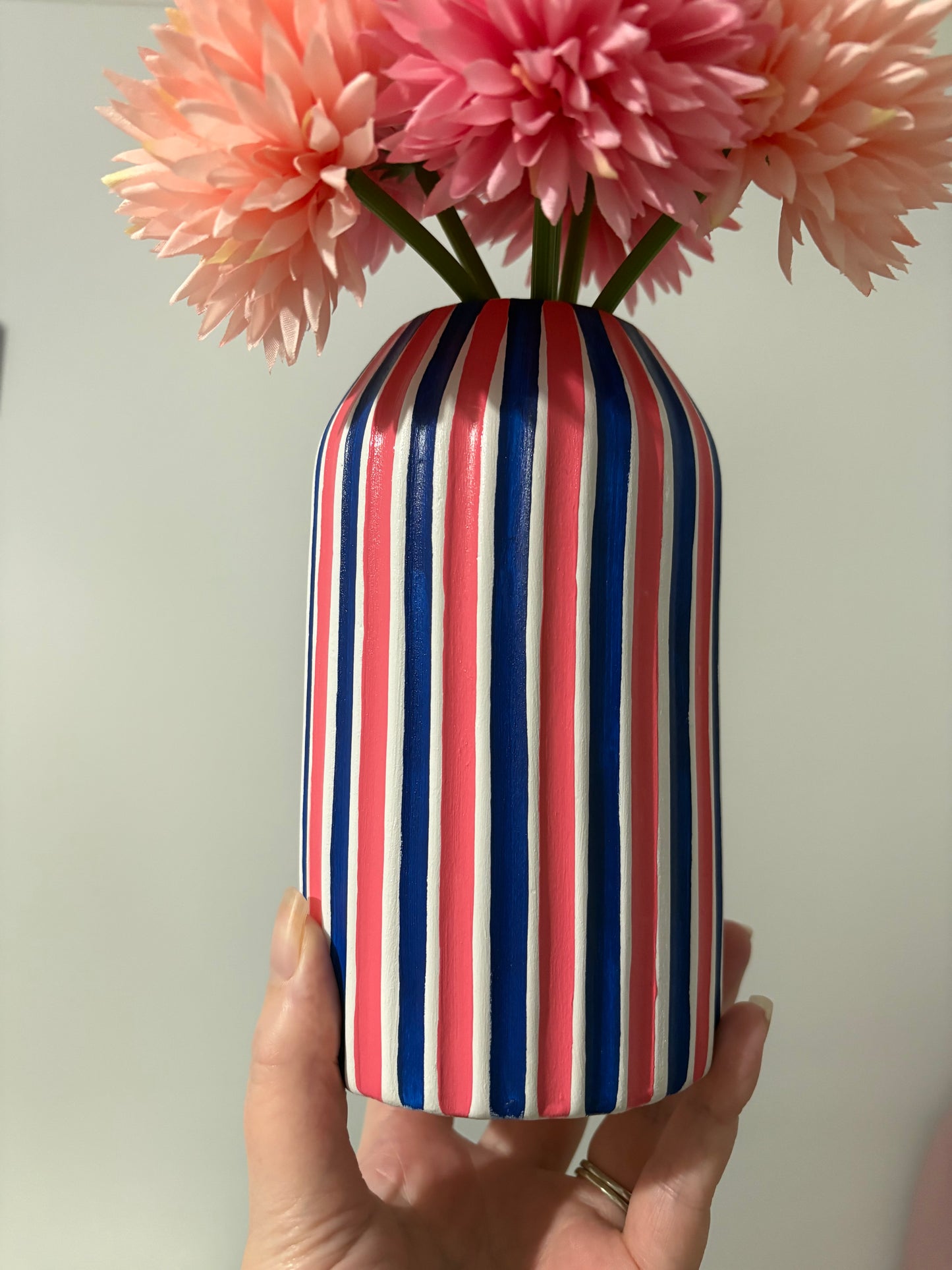 Coral And Navy Blue Striped Hand Painted Ceramic Vase