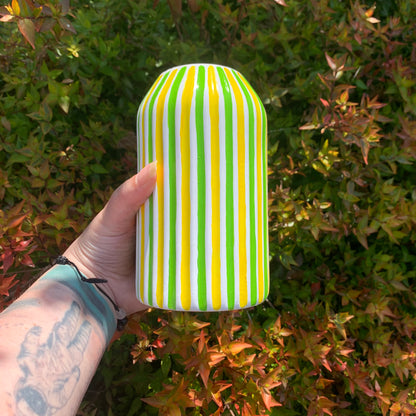 Yellow and Green Stripes Hand Painted Ceramic Vase