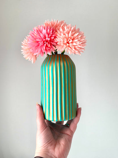Turquoise And Gold Egyptian Inspired Hand Painted Striped Ceramic Vase