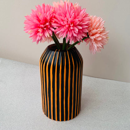 Halloween Themed Black And Orange Striped Hand Painted Decorative Ceramic Vase