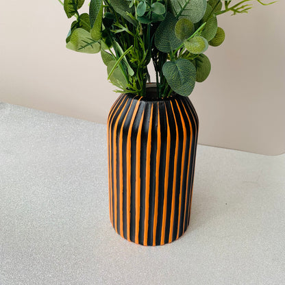 Halloween Themed Black And Orange Striped Hand Painted Decorative Ceramic Vase