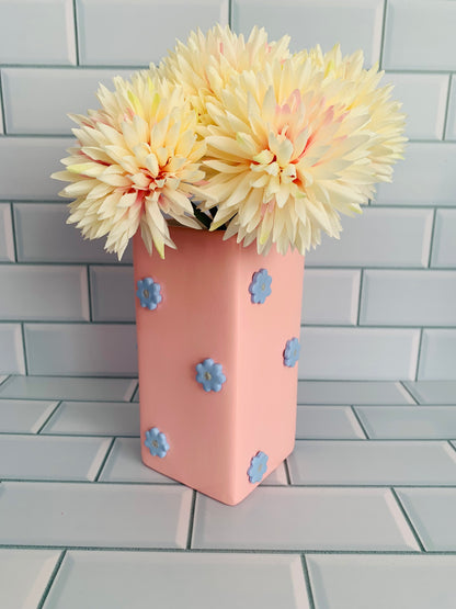 Blush Pink & Serenity Blue Clay Flowers Hand Painted Vase