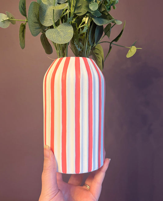 Coral Pink Hand Painted Striped Ceramic Vase