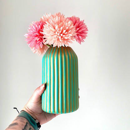 Turquoise And Gold Egyptian Inspired Hand Painted Striped Ceramic Vase