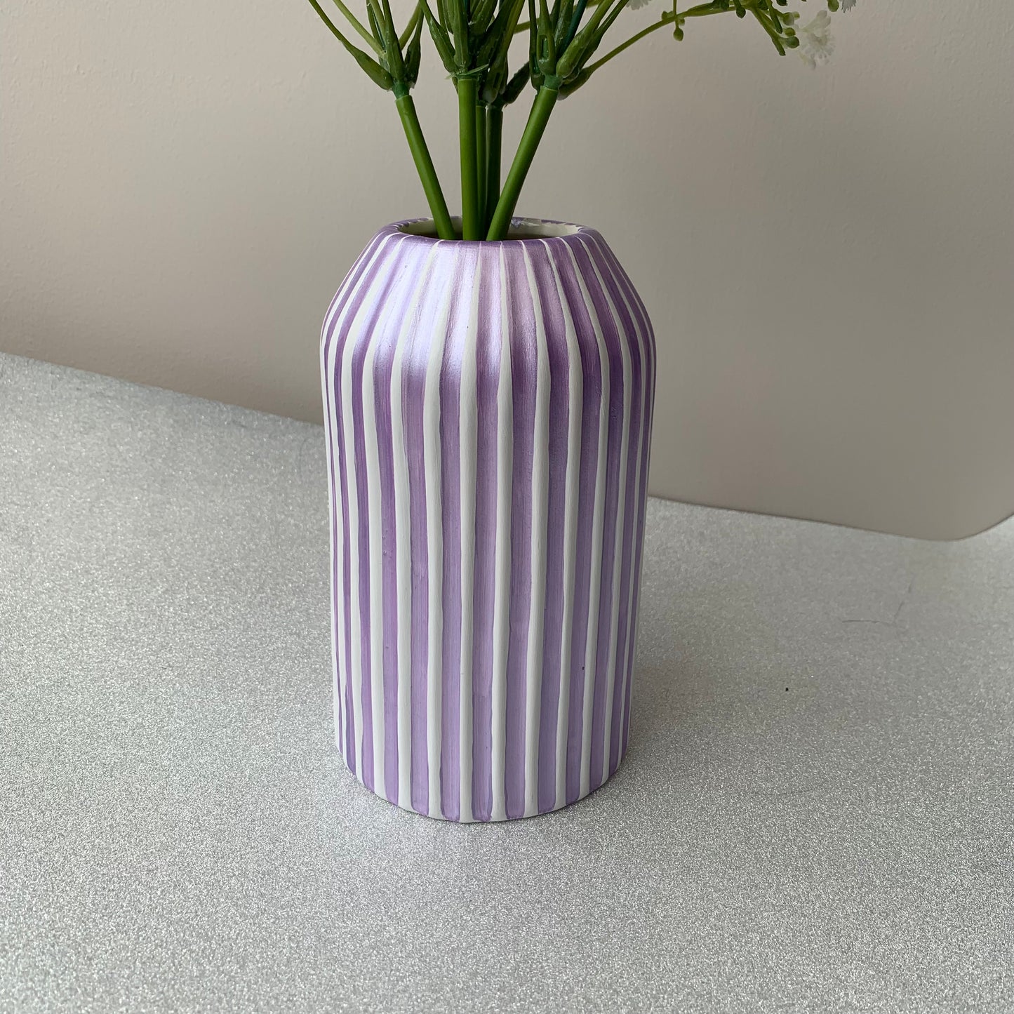 Purple And White Striped Ceramic Vase Hand Painted Pearlescent Shiny Decor Gift