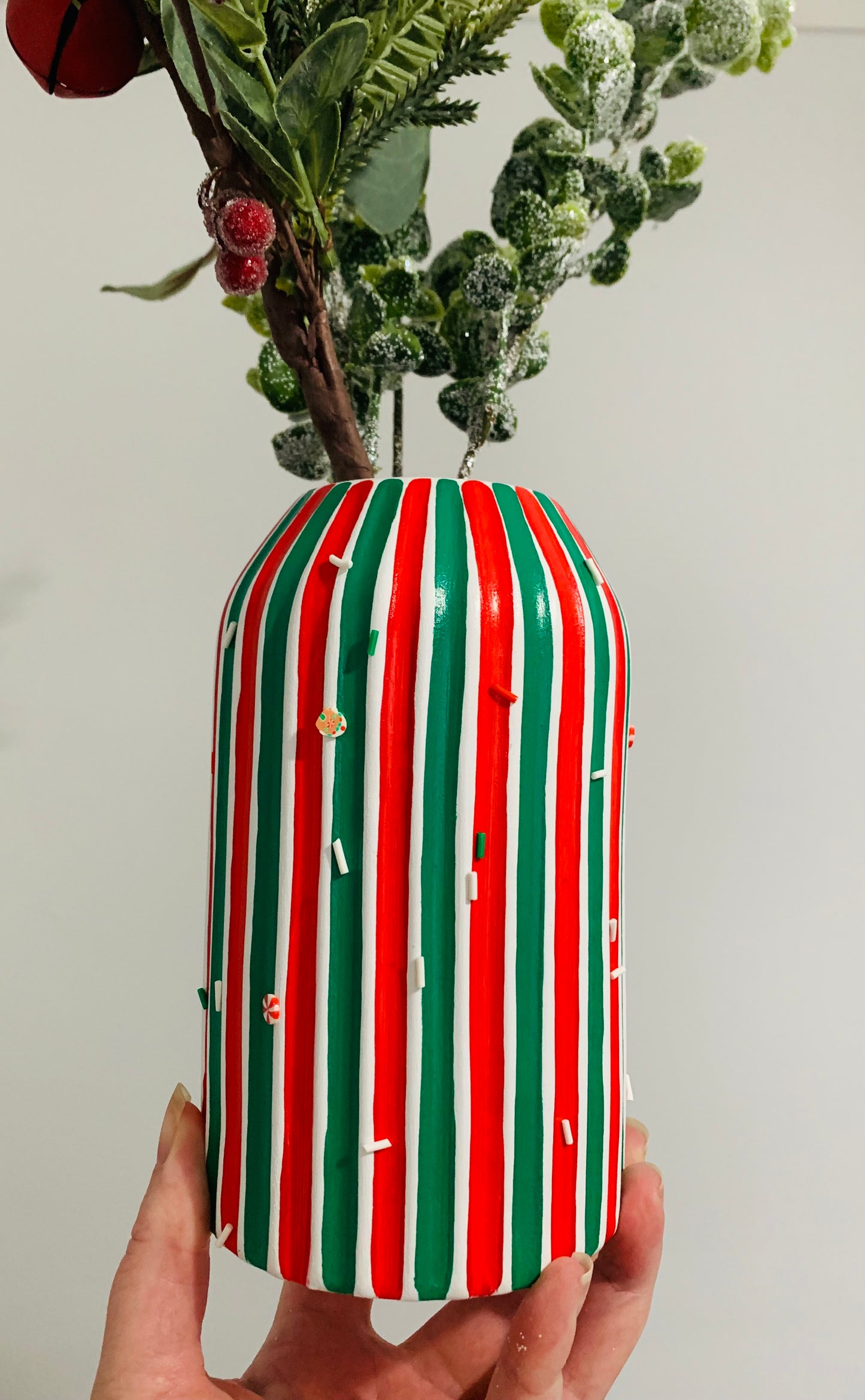 Christmas Sprinkes Green And Red Striped Hand Painted Ceramic Vase