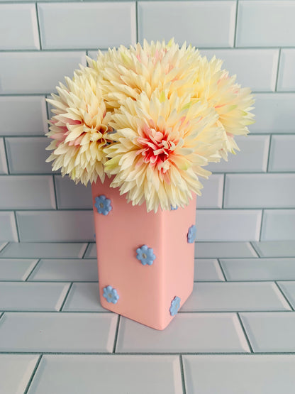 Blush Pink & Serenity Blue Clay Flowers Hand Painted Vase