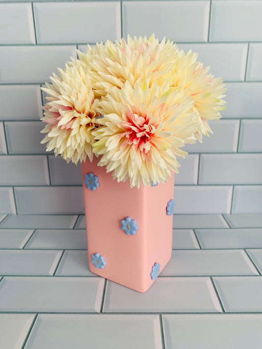 Blush Pink & Serenity Blue Clay Flowers Hand Painted Vase