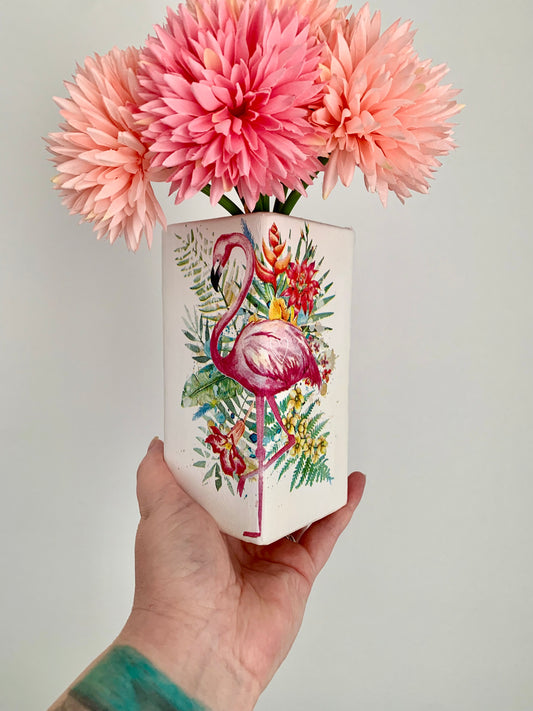 Flamingo Decoupage Ceramic Vase
