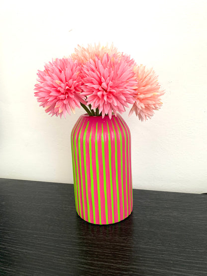 Fuchsia and Green Striped Hand Painted Ceramic Vase