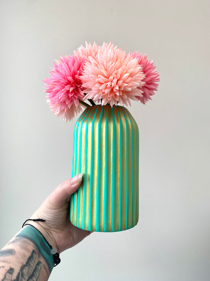 Turquoise And Gold Egyptian Inspired Hand Painted Striped Ceramic Vase