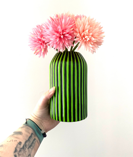 Green And Black Striped Hand Painted Ceramic Vase