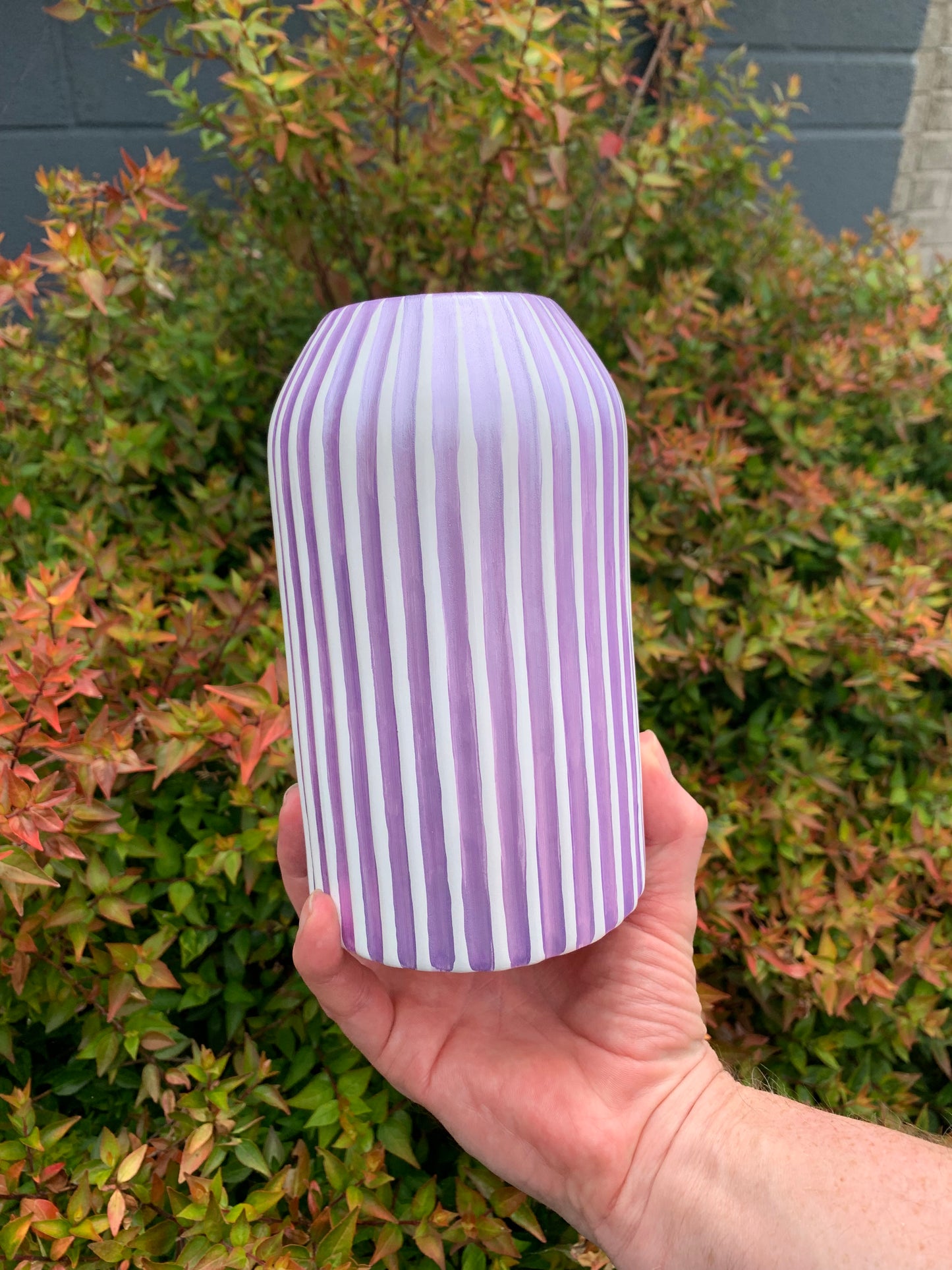 Purple And White Striped Ceramic Vase Hand Painted Pearlescent Shiny Decor Gift