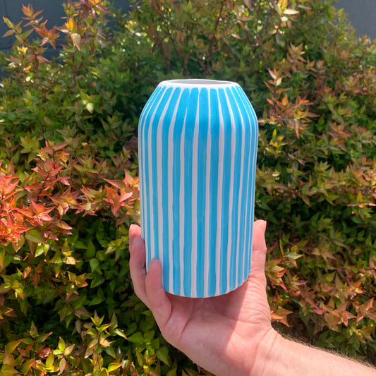 Blue and White Stripes Hand Painted Ceramic Vase