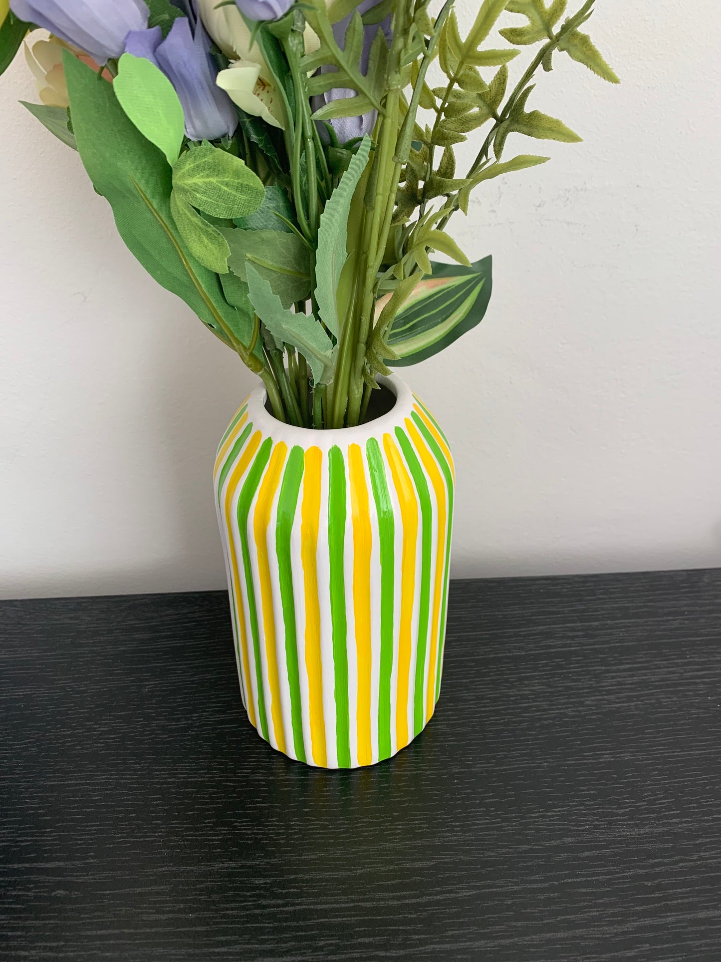 Yellow and Green Stripes Hand Painted Ceramic Vase