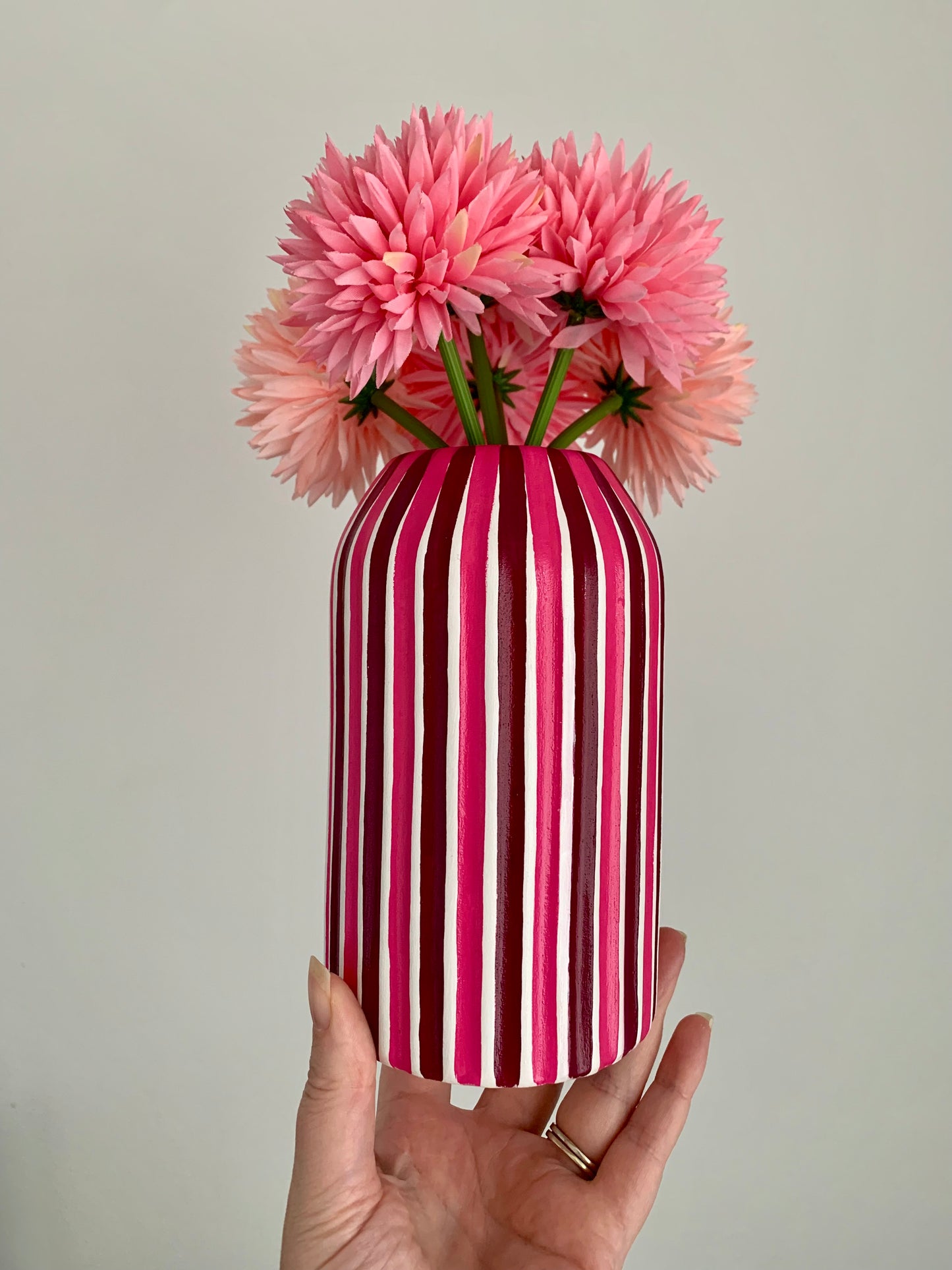 Plum And Pink Hand Painted Ceramic Striped Vase