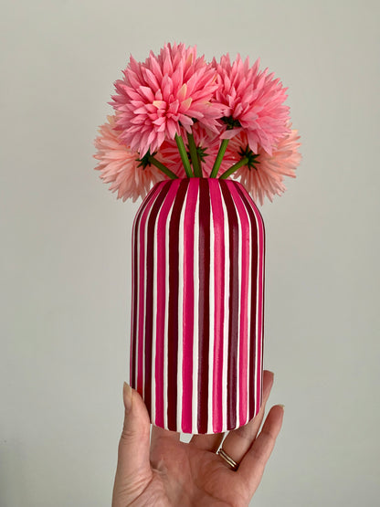 Plum And Pink Hand Painted Ceramic Striped Vase