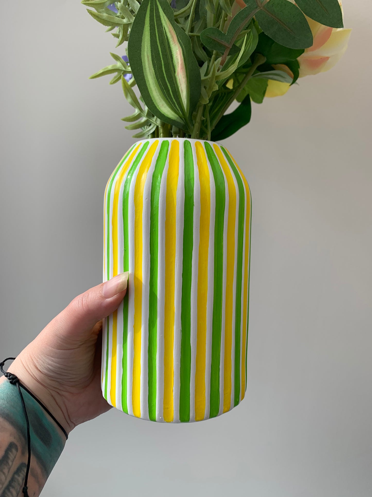 Yellow and Green Stripes Hand Painted Ceramic Vase