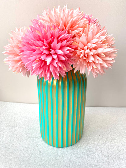 Turquoise And Gold Egyptian Inspired Hand Painted Striped Ceramic Vase