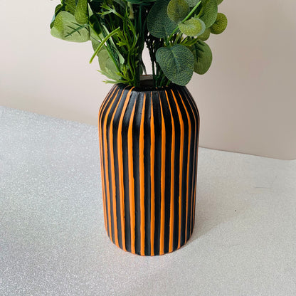 Halloween Themed Black And Orange Striped Hand Painted Decorative Ceramic Vase
