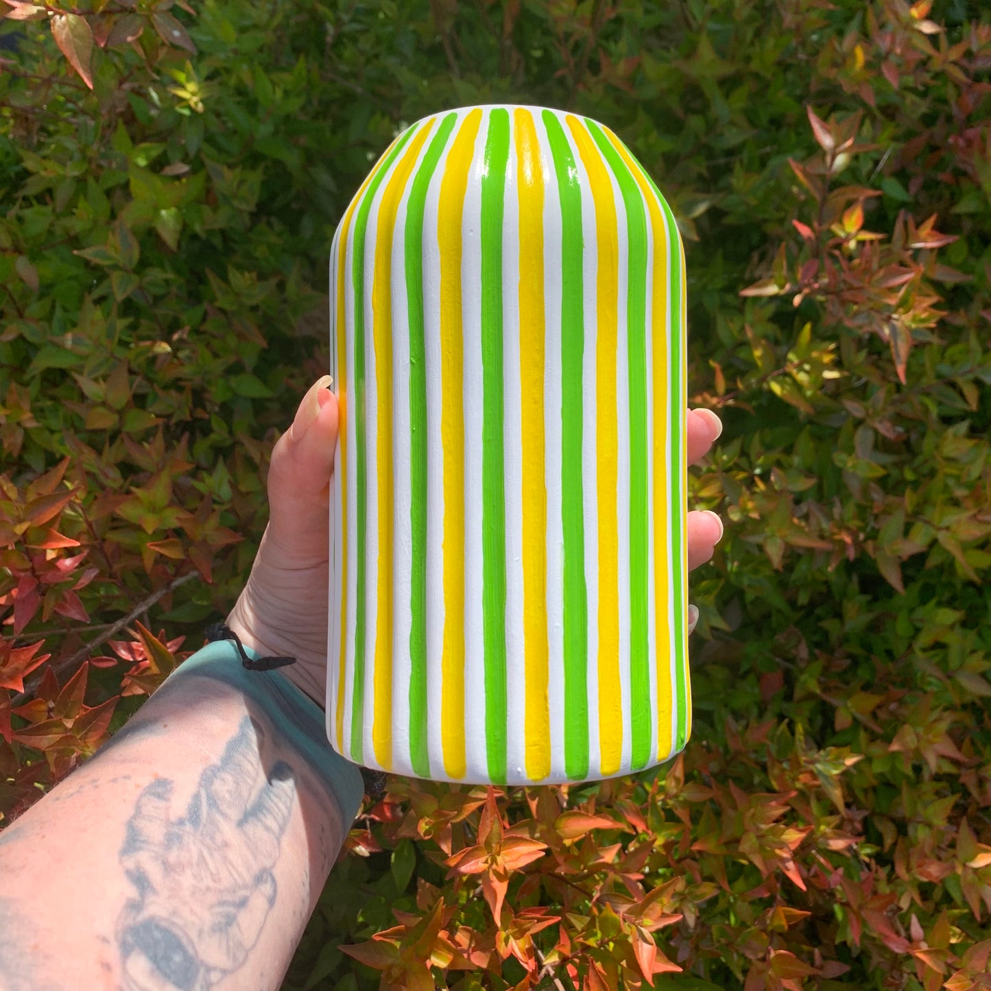 Yellow and Green Stripes Hand Painted Ceramic Vase