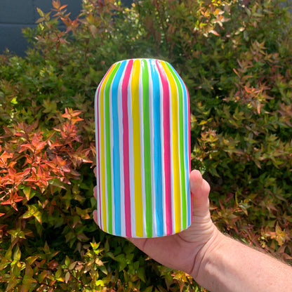 Pink Blue Green Yellow Striped Ceramic Hand Painted Vase Quirky Bright Colourful Vase